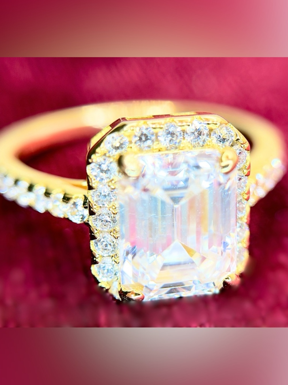 Gold Halo Emerald-Cut Ring with Clear Center Stone - Women Jewelry